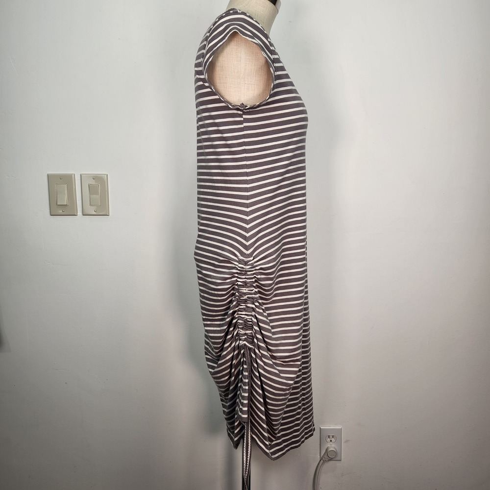 Toad&Co Muse Midi Large Striped V-Neck Cinched Ruched Side Knit Dress Grey White - Picture 4 of 10
